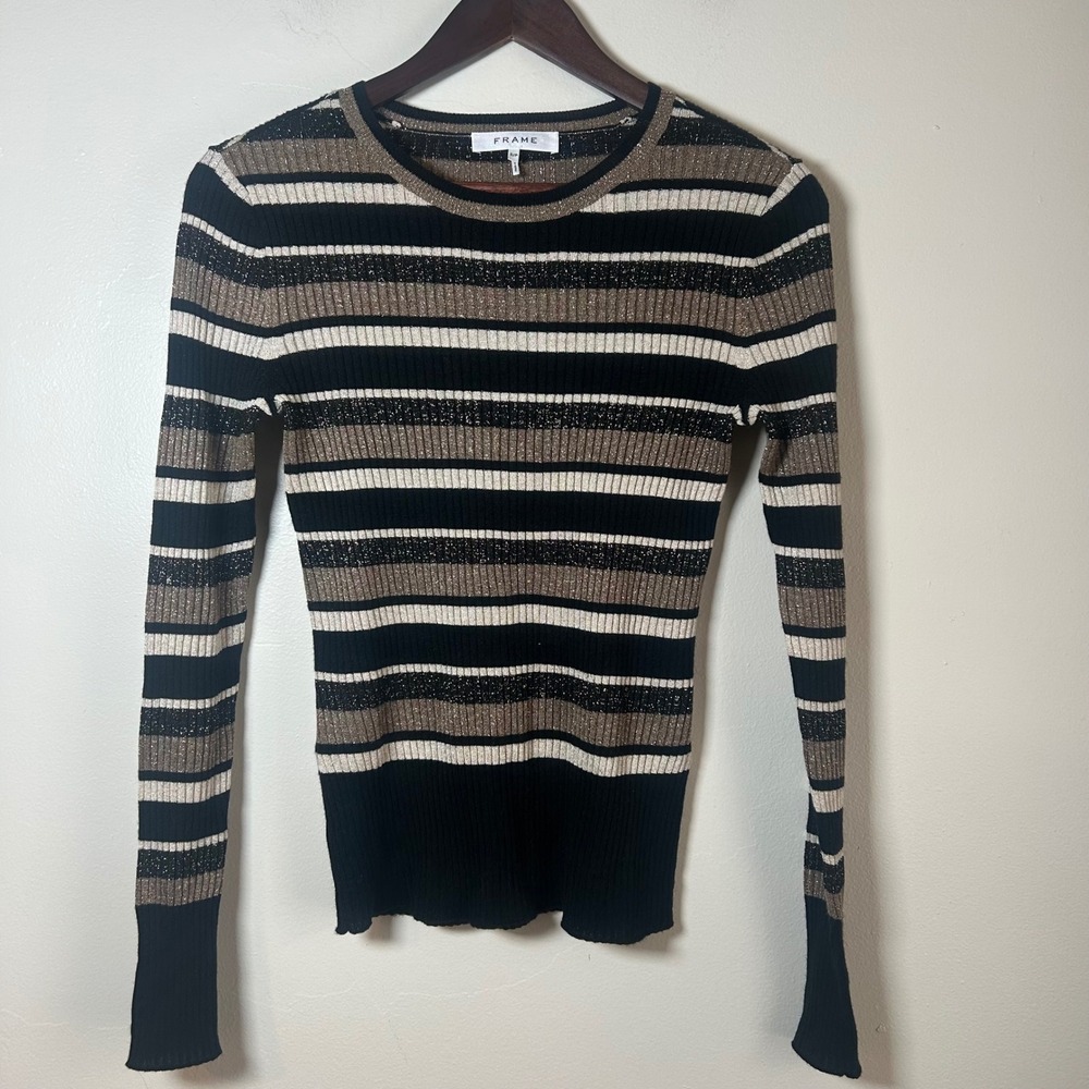 FRAME Striped Ribbed Knit Sweater Gold Metallic Black‎ White Tan Women's S/P